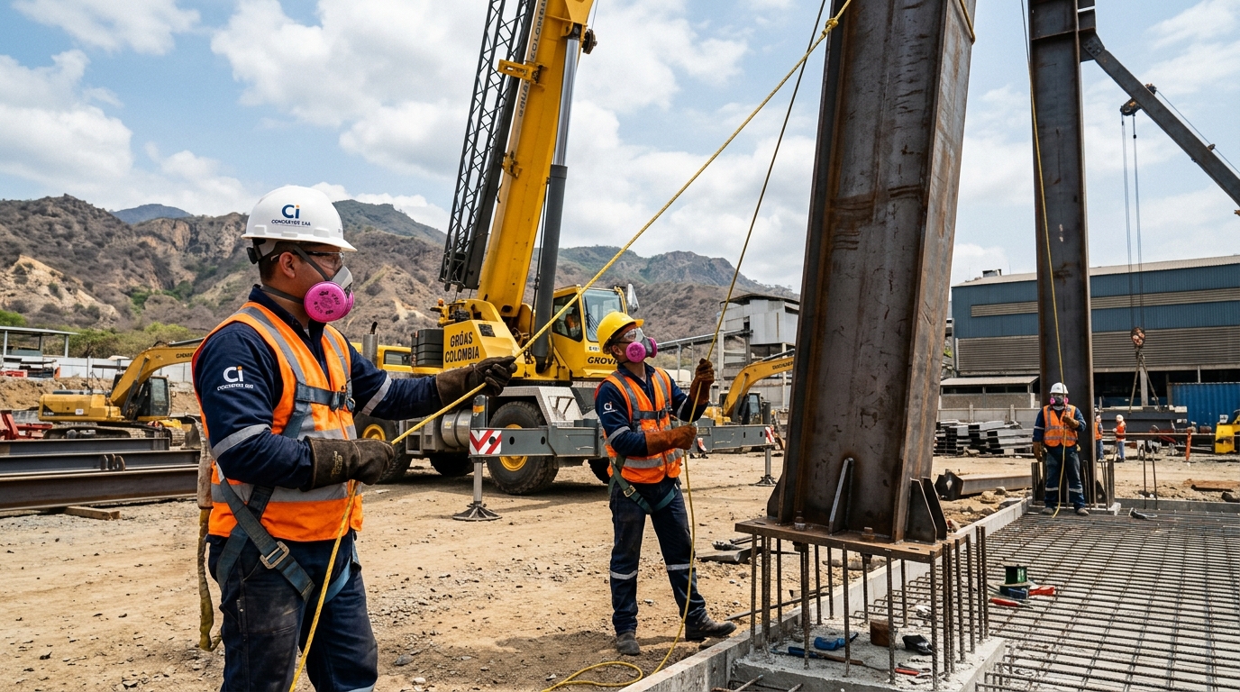 Montaje de columnas de acero con grúa telescópica para estructura metálica en Cali y Valle del Cauca