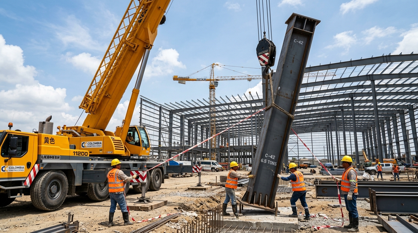 montaje de columna de acero con grúa en construcción de bodega industrial