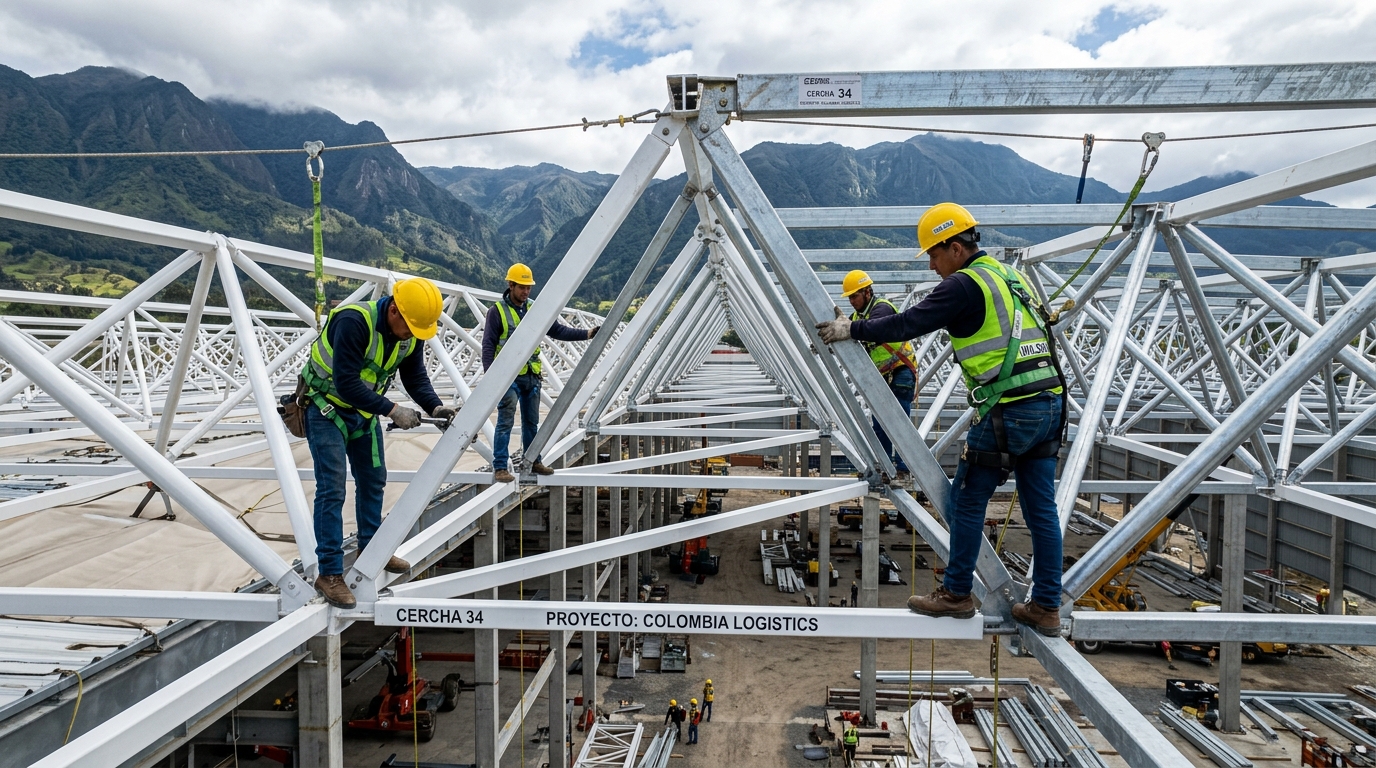 alineación de cerchas reticulares en construcción de bodega logística