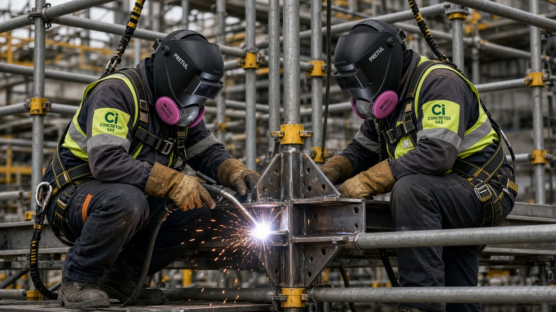 Soldadores certificados en andamios de seguridad en montaje de estructura metálica en Cali