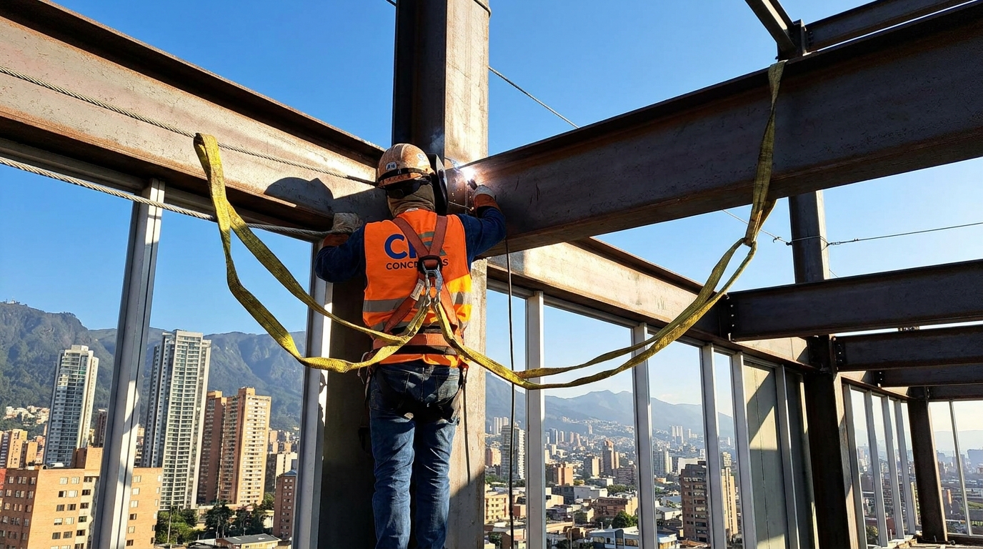 Montaje de vigas principales en altura para proyecto de estructuras metálicas en Bogotá