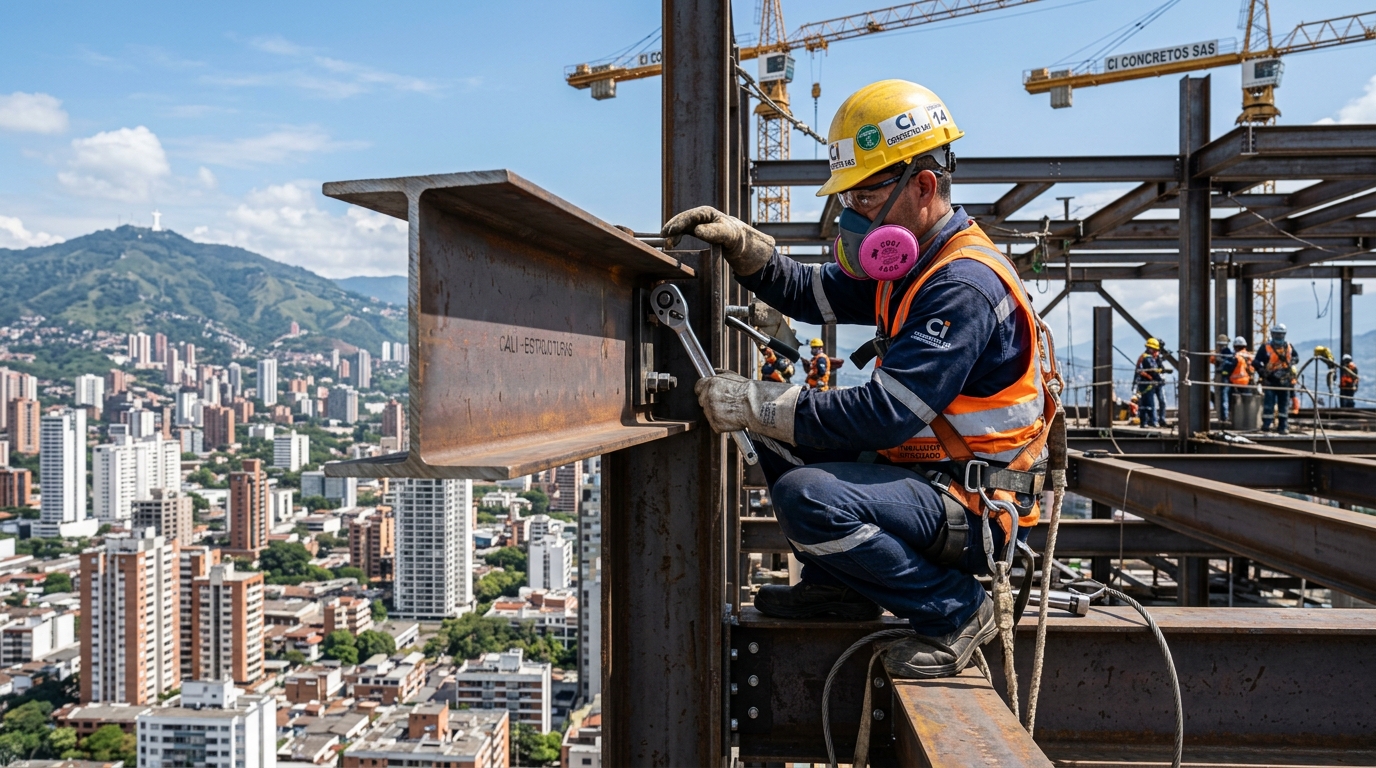 Conexión de vigas de acero en altura para edificación con estructura metálica en Cali