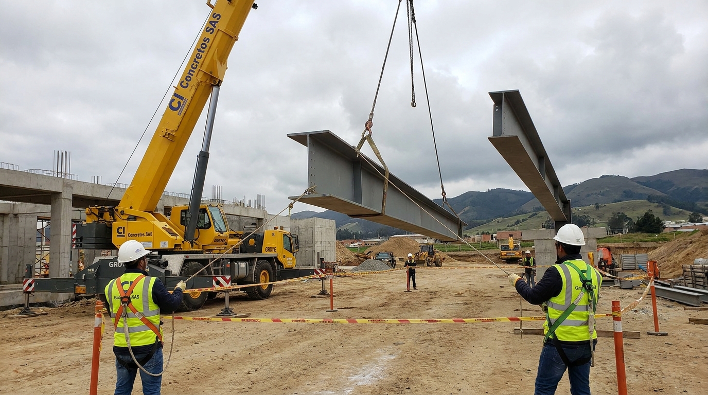 izaje de elemento estructural con grúa en nave logística