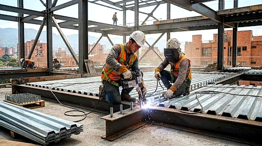 Instalación de Steel Deck y soldadura de pernos stud en estructura metálica