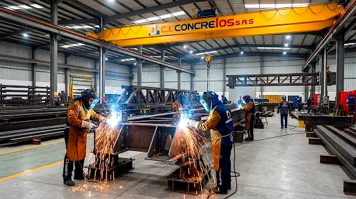 Taller de fabricación industrial con vigas I y soldadores calificados