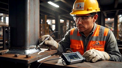 Inspección no destructiva END con ultrasonido digital en columna de acero