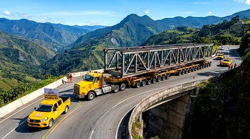 Transporte de vigas pesadas en camabaja por cordillera de Colombia con vehículos escolta