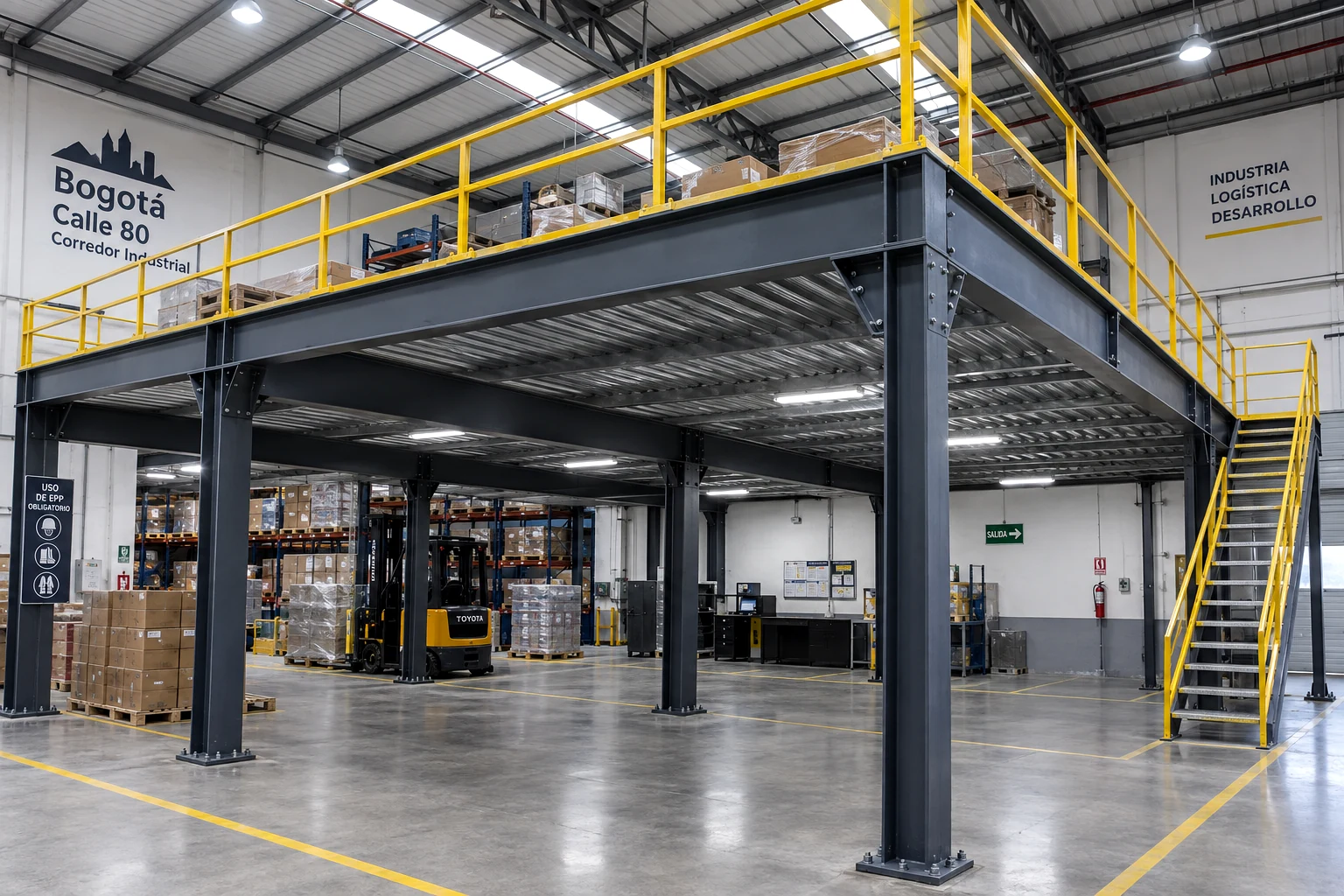 mezzanine industrial y estructura liviana de acero en bodega comercial