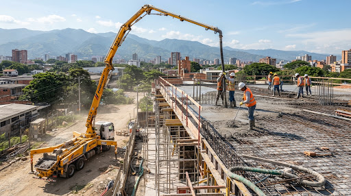 Camión pluma y bombeo de concreto en losa de entrepiso en Cali