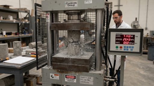 Prensa hidráulica de compresión axial ensayando probeta cilíndrica según NTC 673