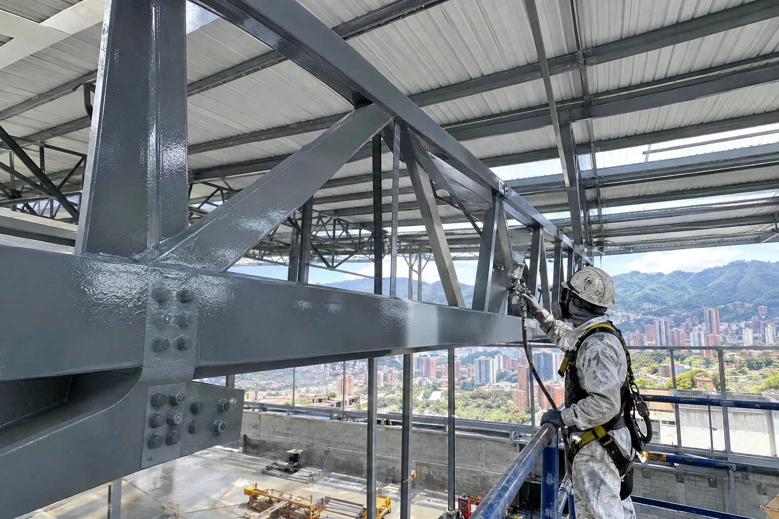 Aplicación de acabado poliuretano alifático sobre cerchas metálicas en Medellín