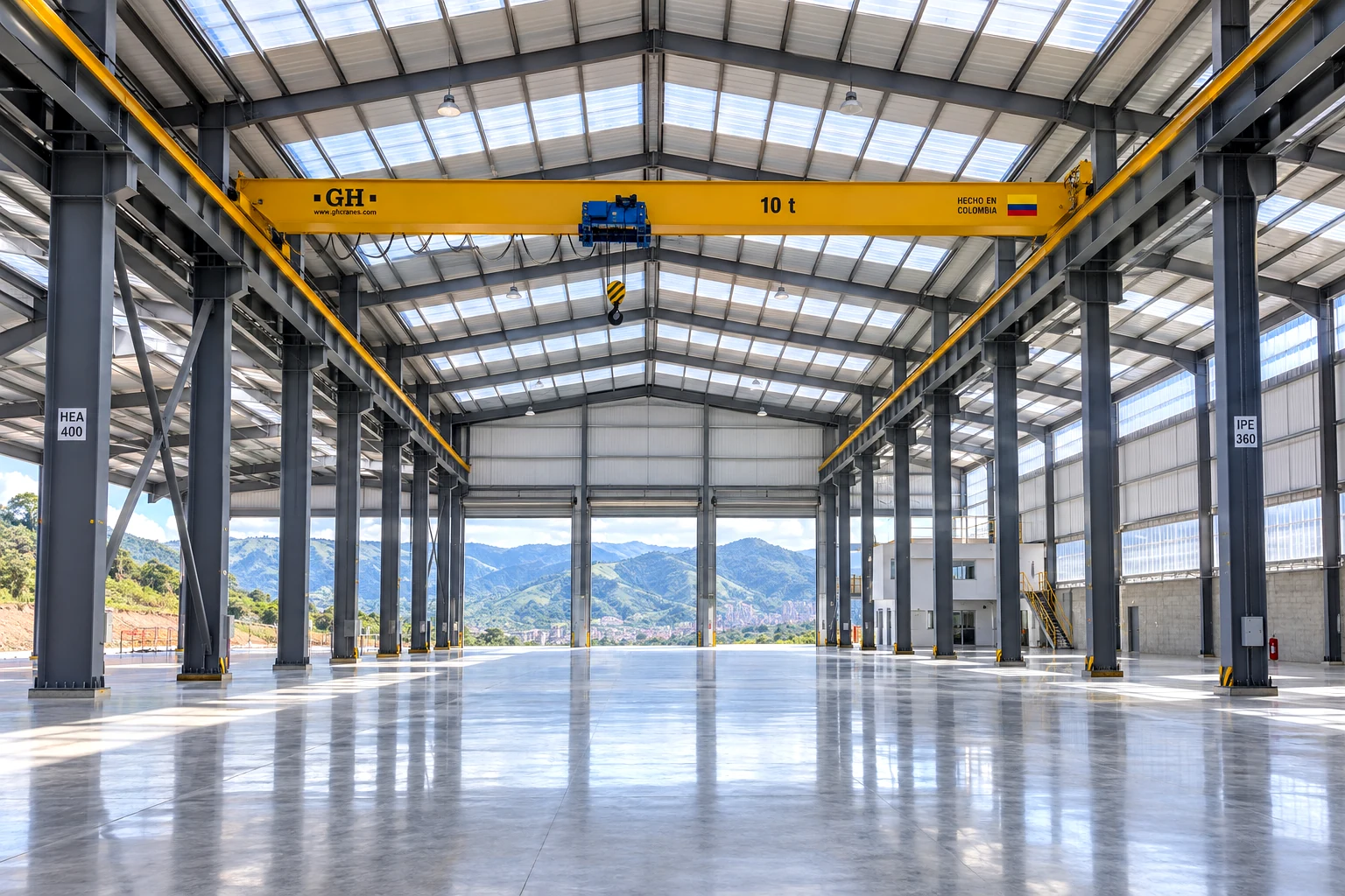 Interior de nave industrial moderna con pórticos HEA/IPE, puente grúa amarillo y cordillera de Antioquia al fondo, Medellín