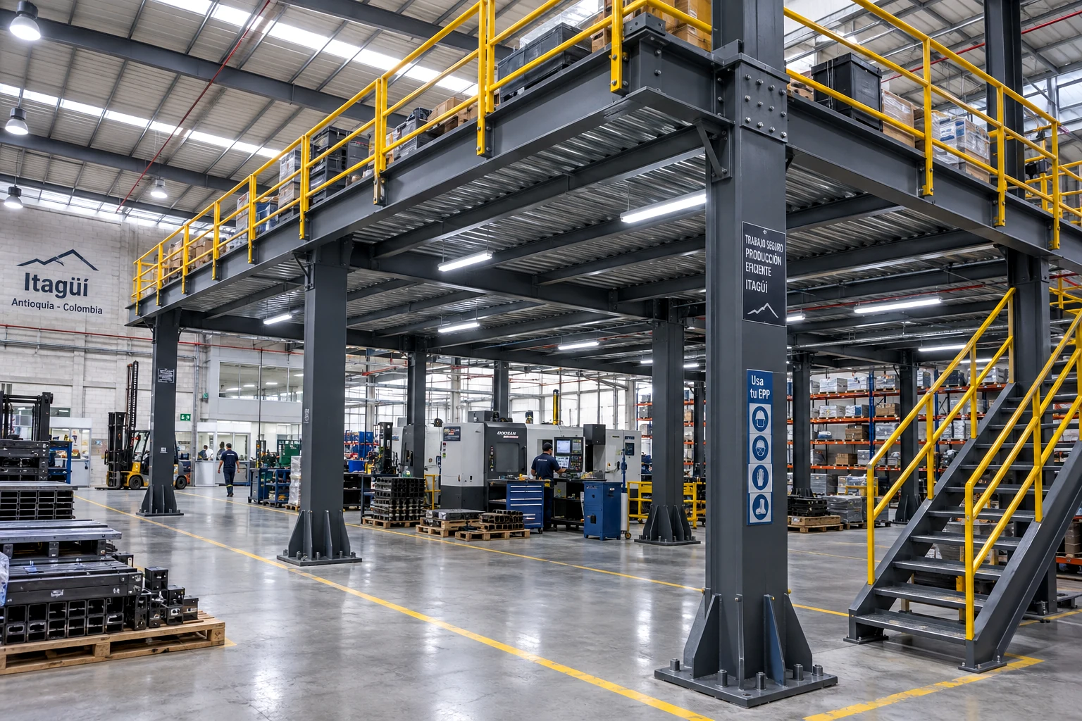 Mezzanine industrial de acero con Steel Deck y barandas de seguridad en Itagüí