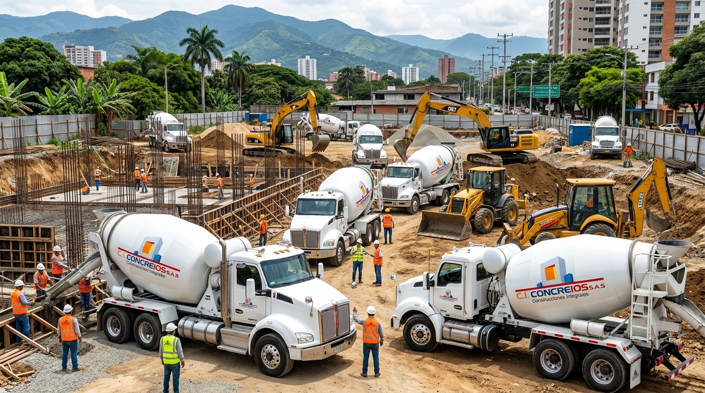Vaciado directo de concreto por canaleta de camión mixer de C.I. CONCRETOS S.A.S. en cimentación estructural