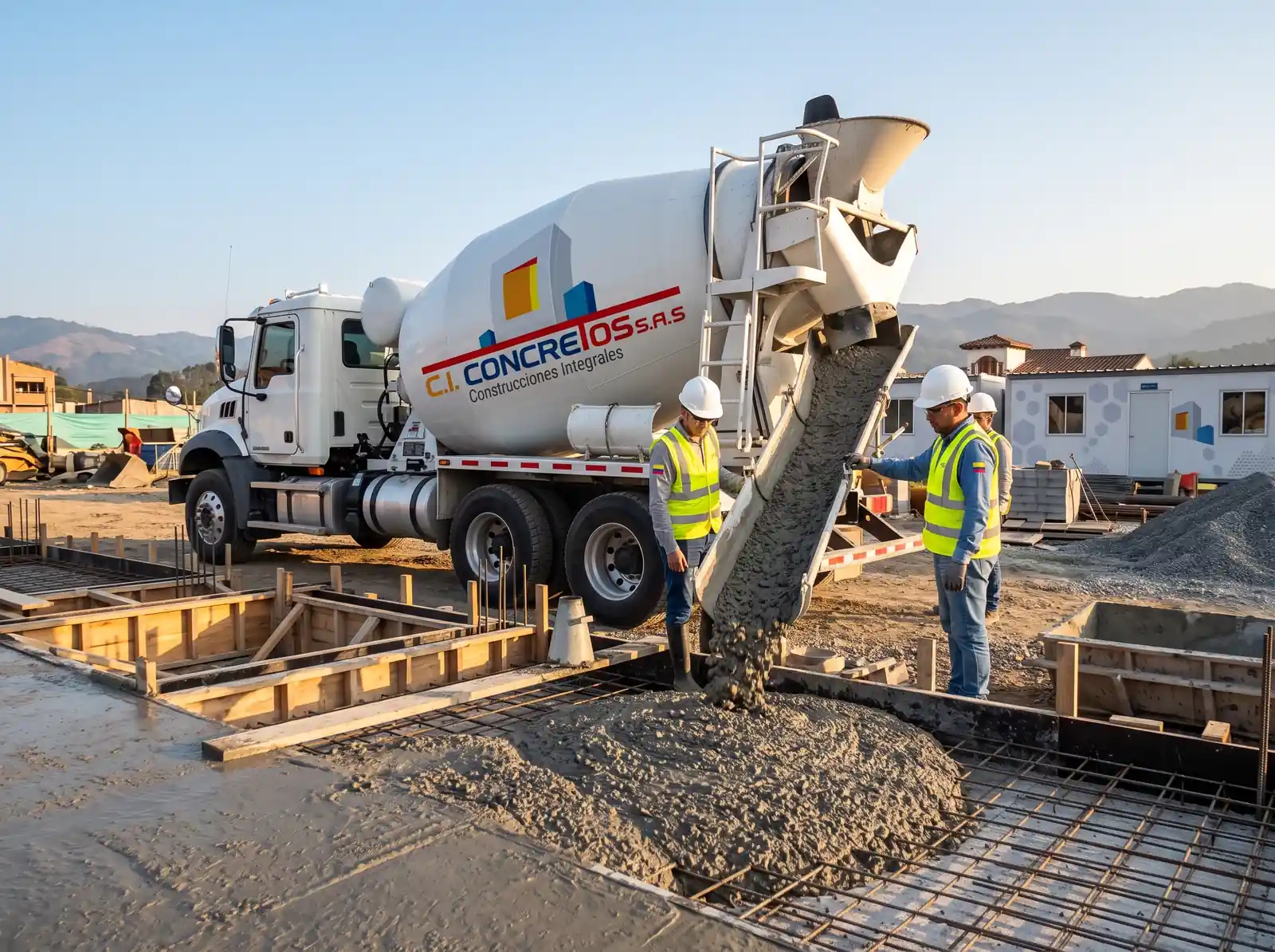 Vaciado continuo de concreto premezclado desde camión mixer CI CONCRETOS en encofrado de cimentación