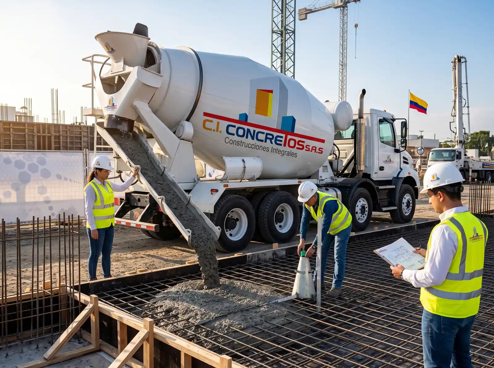 Control de asentamiento con Cono de Abrams NTC 396 a pie de camión mixer de C.I. CONCRETOS en vaciado de losa con ingenieros